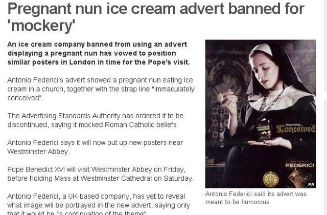 O calugarita insarcinata, dintr-o reclama la inghetata, supara Papalitatea