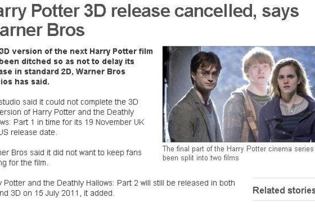 Urmatorul film din seria "Harry Potter" nu va fi 3D