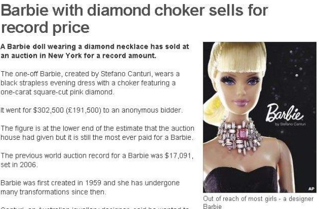 Barbie cu diamante, vanduta la pret record