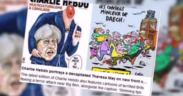 Charlie Hebdo a publicat o caricatura in care Theresa May apare decapitata si a ironizat victimele de pe London Bridge