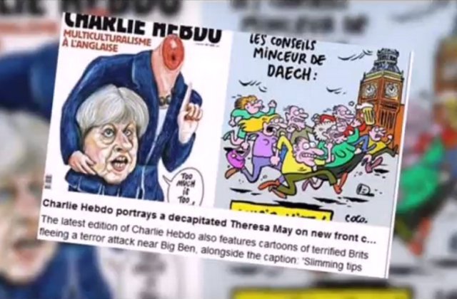 Charlie Hebdo a publicat o caricatura in care Theresa May apare decapitata si a ironizat victimele de pe London Bridge