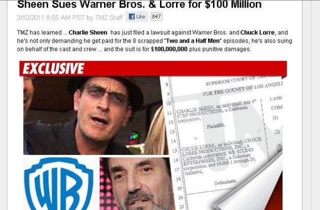 Charlie Sheen da in judecata Warner pentru concediere abuziva