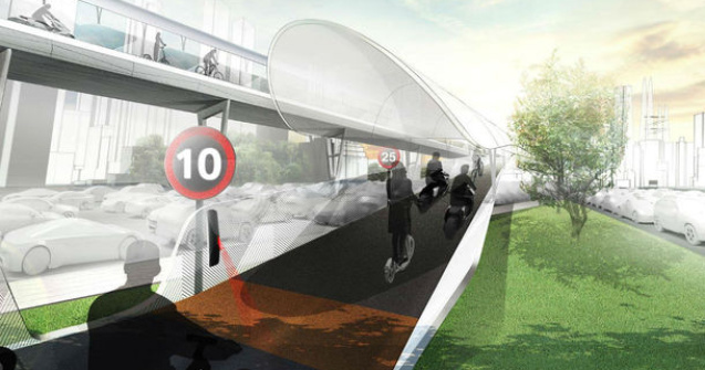 Solutia BMW la problema traficului: drumuri suspendate doar pentru biciclete electrice