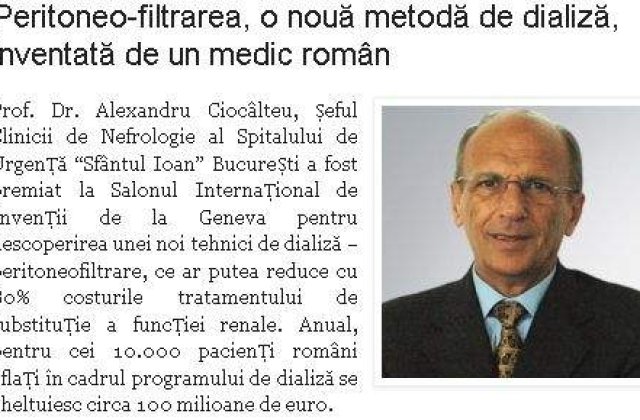 Dializa fara aparat: O inventie romaneasca premiata la Geneva