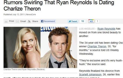 Un nou cuplu la Hollywood: Charlize Theron si Ryan Reynolds