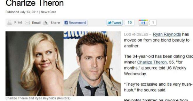 Un nou cuplu la Hollywood: Charlize Theron si Ryan Reynolds