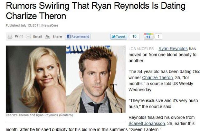 Un nou cuplu la Hollywood: Charlize Theron si Ryan Reynolds