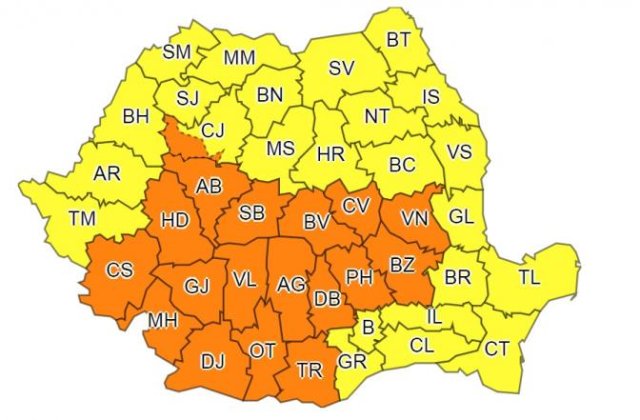 18 judete, sub Cod portocaliu de ploi torentiale. Cod galben in restul tarii, inclusiv in Bucuresti