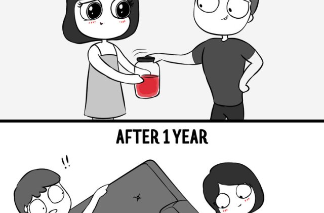 7 ilustratii realiste care rezuma viata cuplurilor in prima luna si dupa cativa ani de relatie
