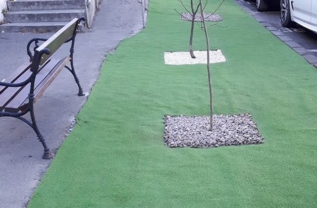 Primaria Bacau a inlocuit spatiul verde cu mocheta care imita iarba/ FOTO