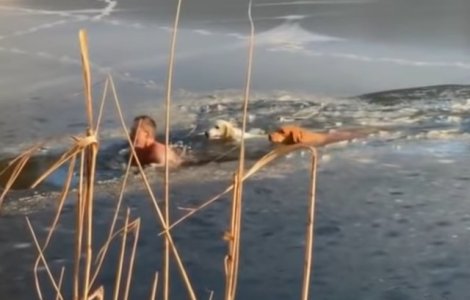 Un barbat a sarit intr-un lac inghetat pentru a salva doi caini/ VIDEO