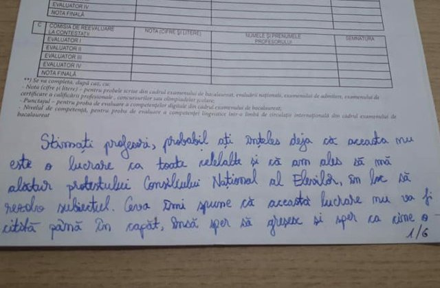 Mesajul unei eleve, la simularea de la BAC 2019: Nu mai vreau sa se faca modificari in timpul anului scolar si sa ma afecteze/ FOTO
