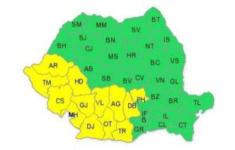 Avertizare meteo: Cod galben de furtuni pentru 13 judete