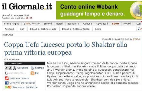 Xenofobie marca Il Giornale: &#39;Tiganul Mircea Lucescu a castigat Cupa UEFA&#39;