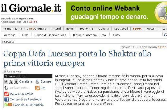Xenofobie marca Il Giornale: &#39;Tiganul Mircea Lucescu a castigat Cupa UEFA&#39;