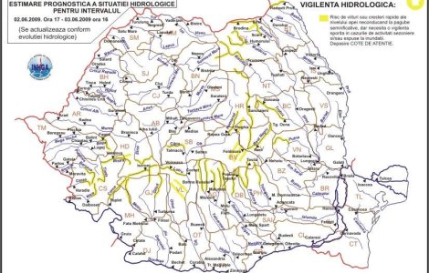 Codul galben de inundatii a fost extins la rauri din 21 judete din nordul, centrul si vestul tarii