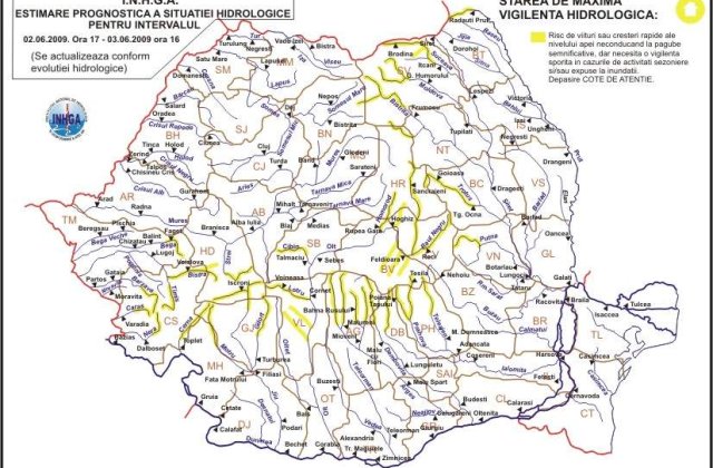 Codul galben de inundatii a fost extins la rauri din 21 judete din nordul, centrul si vestul tarii