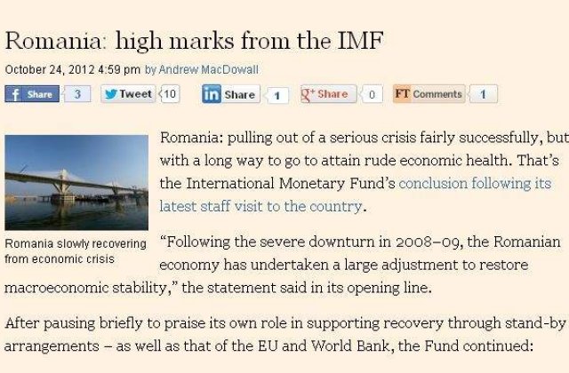 FT: Romania primeste note mari de la FMI