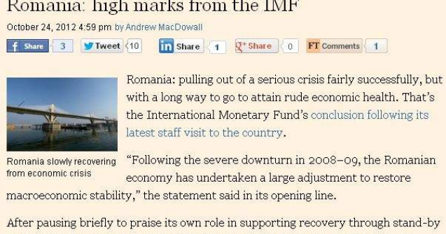 FT: Romania primeste note mari de la FMI