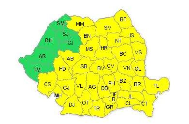 Cod galben de precipitatii in 36 de judete