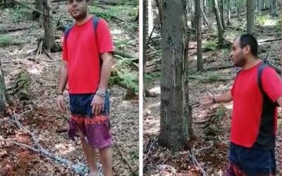 S-a legat cu un lanț de un...