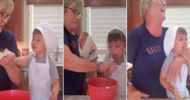 Cel mai dulce clip. Cum își "ajută" acest băiețel pofticios bunica în bucătărie