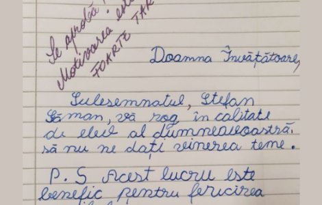 Cererea unui elev către învățătoare: „Vă rog să nu ne daţi vinerea teme”