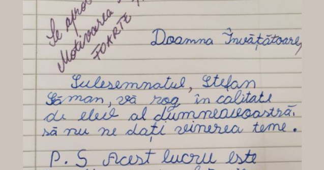 Cererea unui elev către învățătoare: „Vă rog să nu ne daţi vinerea teme”