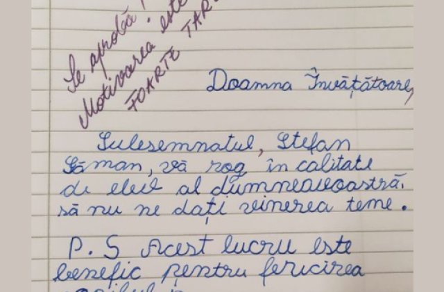 Un elev și-a convins învățătoarea să nu îi dea teme vinerea: „Este benefic pentru fericirea copilului”