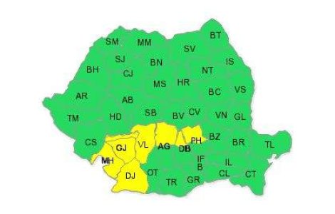 Cod galben de ploi puternice in sapte judete