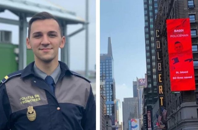 Imaginea polițistului român, care a salvat 60 de oameni în trei ani, pe un panou publicitar din New York