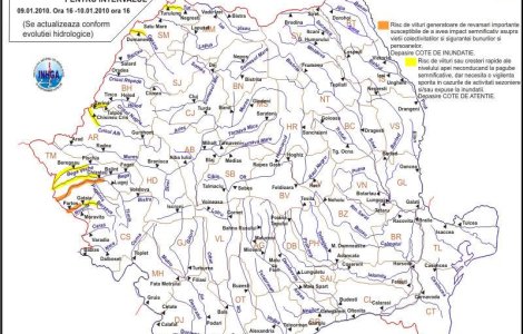 Cod galben si portocaliu de inundatii pe raurile din vestul tarii