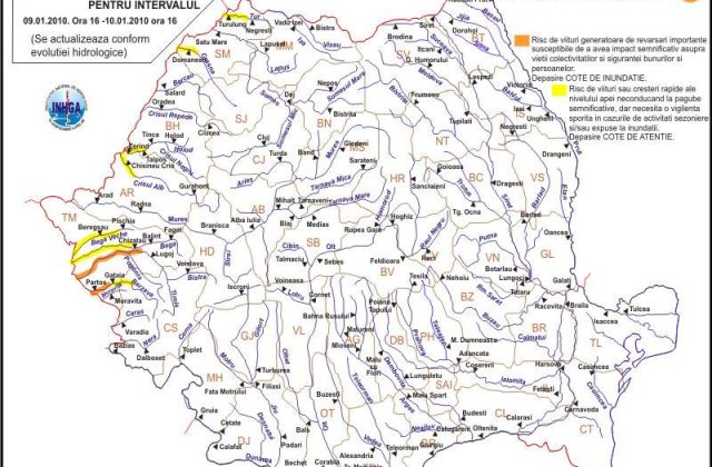Cod galben si portocaliu de inundatii pe raurile din vestul tarii