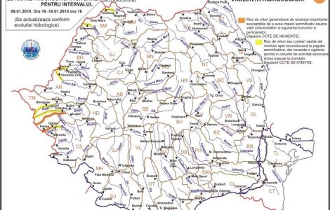 Cod galben si portocaliu de inundatii pe rauri din vestul tarii