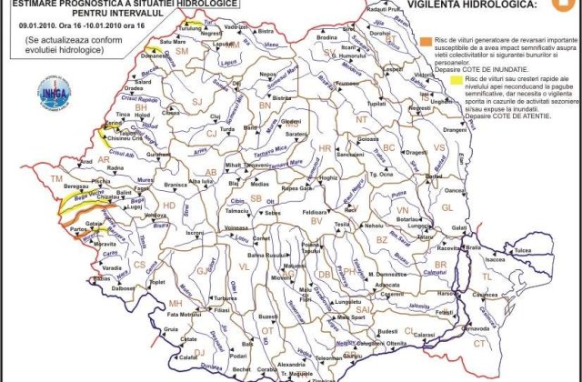 Cod galben si portocaliu de inundatii pe rauri din vestul tarii