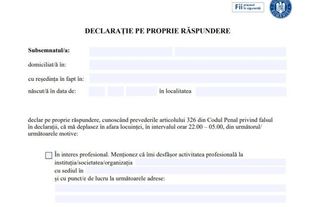 DESCARCĂ AICI. Noile declarații pe proprie răspundere pentru restricțiile de circulație pe timp de noapte