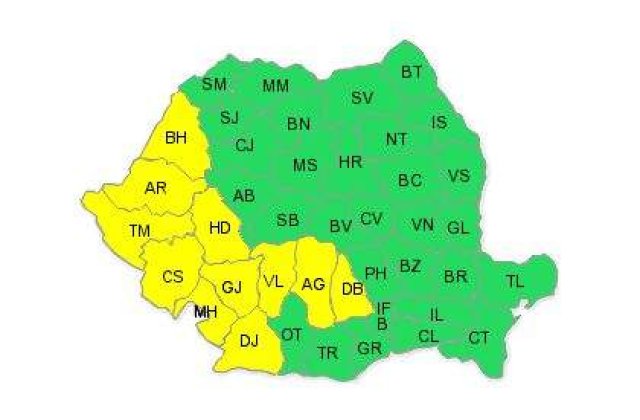 Cod galben de precipitatii pentru 11 judete