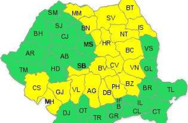 Cod galben de ninsori in 21 de judete