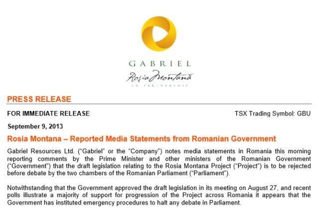 Gabriel Resources ameninta ca da statul in judecata. Dezastru la bursa pentru canadieni!