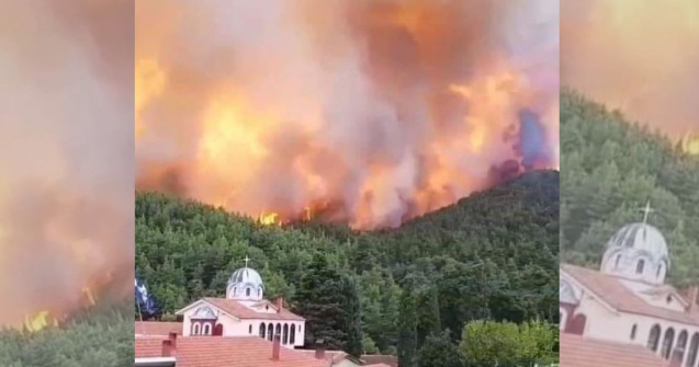 VIDEO Mănăstirea Cuviosul David din Grecia, neatinsă de ghearele focului. Pădurea de pini din jur e scrum