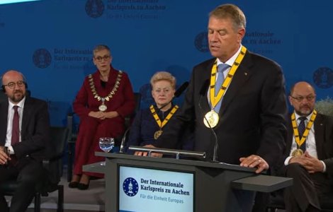 VIDEO Președintele Iohannis a primit în Germania premiul „Carol cel Mare” pentru unitatea Europei