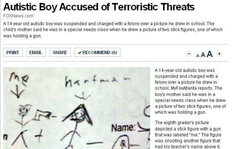 Elev autist, acuzat de terorism din cauza unui desen