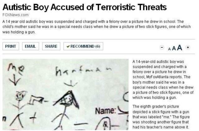 Elev autist, acuzat de terorism din cauza unui desen