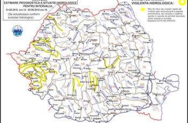 Cod galben de cresteri de debite pentru rauri din 3 judete