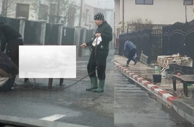 Ca la noi la nimeni. O familie din Târgu Jiu a tăiat porcul în mijlocul străzii  