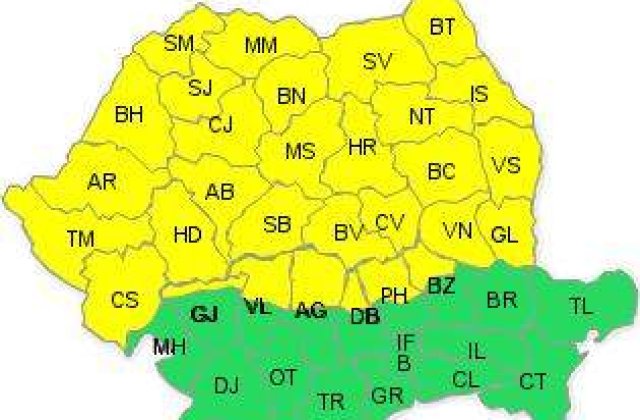 Cod galben de ploi in mai mult de jumatate din judetele tarii
