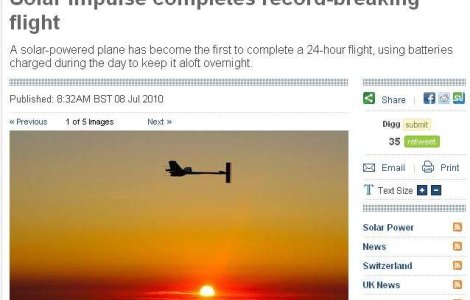  Video  Primul avion solar a zburat 26 de ore