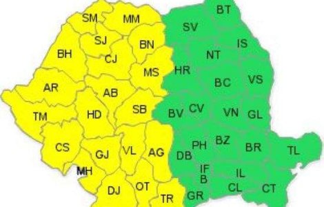 Cod galben de ploi si vijelii in jumatatea de vest a tarii