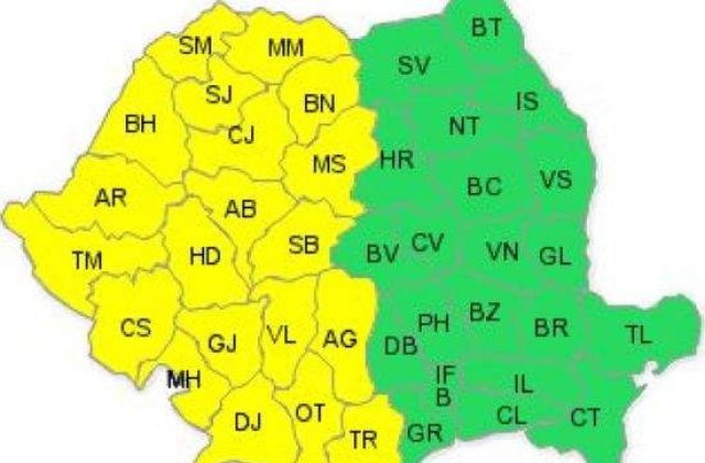 Cod galben de ploi si vijelii in jumatatea de vest a tarii