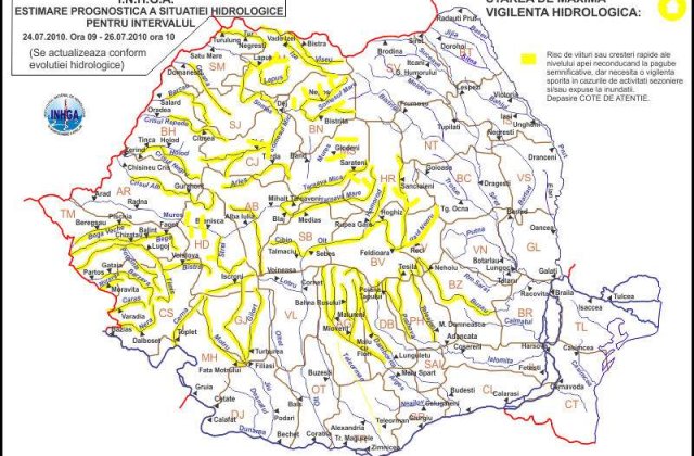 Cod galben de inundatii pe raurile din vestul si centrul tarii
